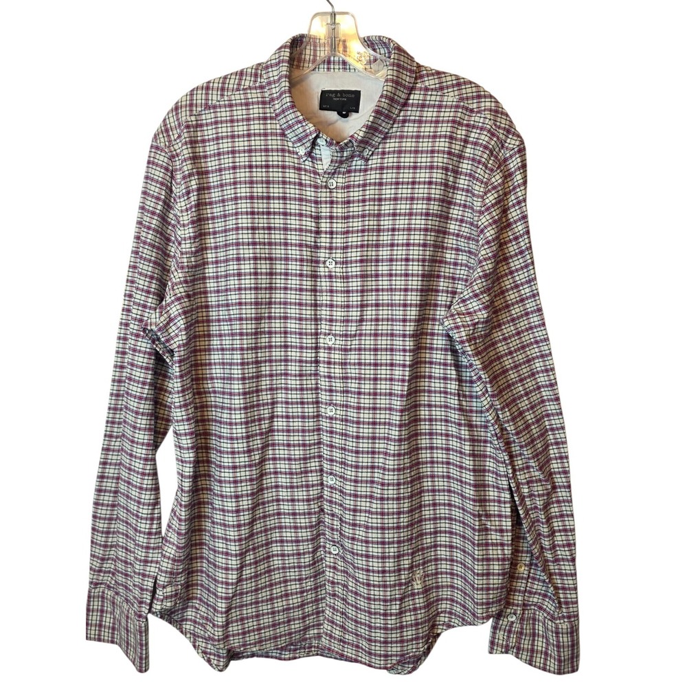 Rag And Bone Mens Large Long Sleeve Oxford Plaid Button Up Blue Red Shirt